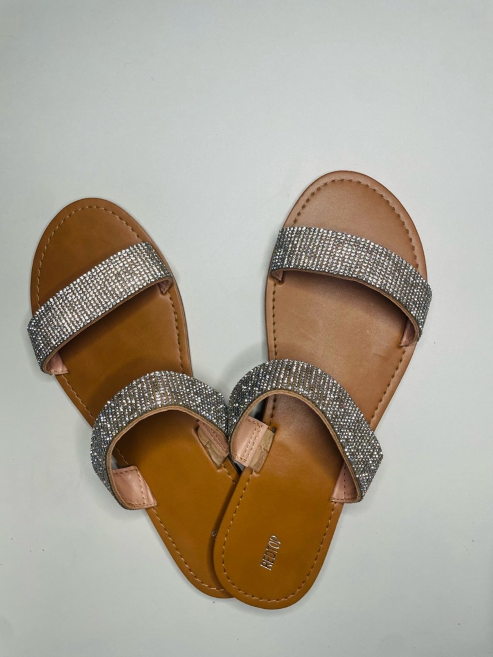 Women's Tan Slide Sandals with Silver Rhinestone Straps